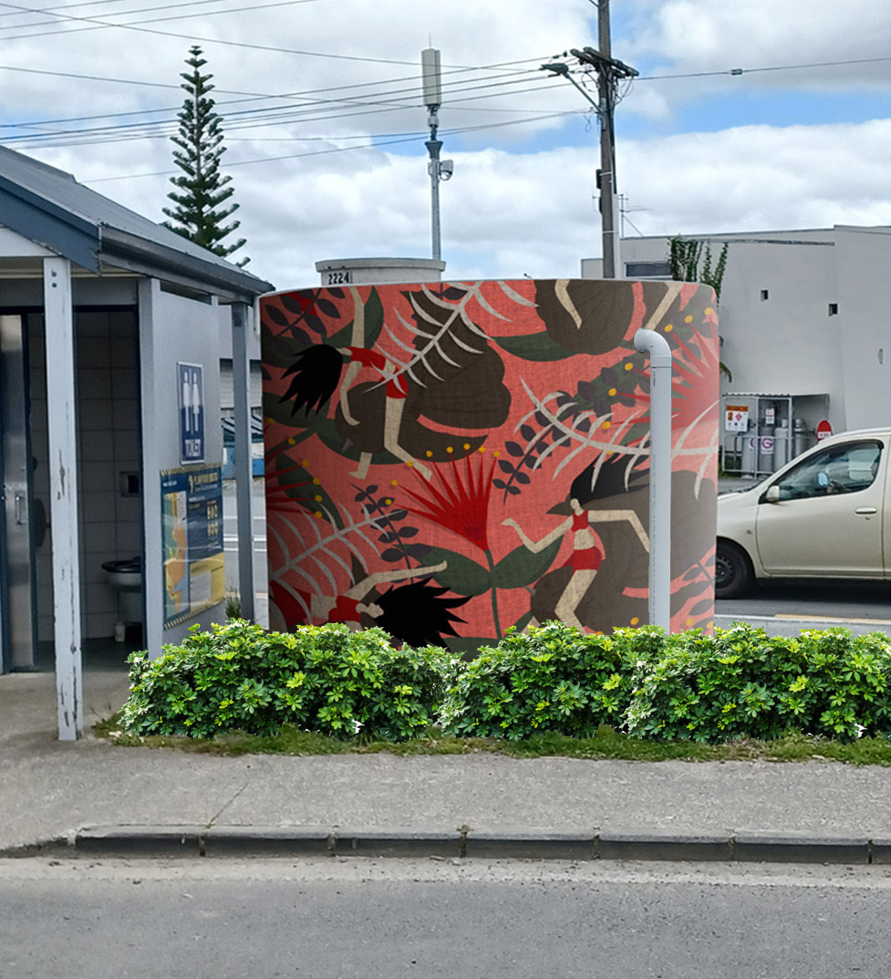 Water tank with images of pōhutukawa flowers and ferns.